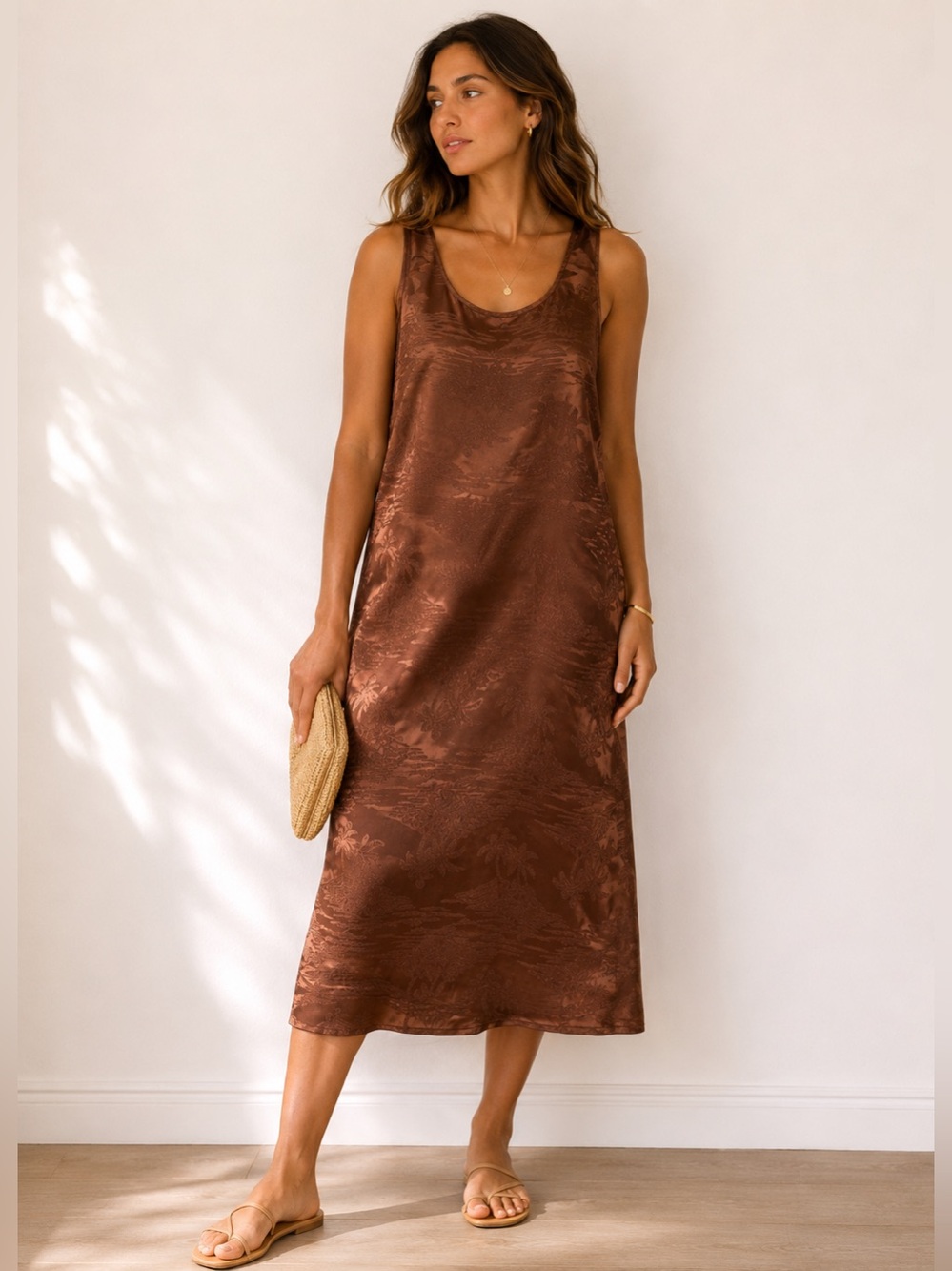 NWT Marie Oliver Olympia Silk Jacquard Midi Dress Brown Palm Print Resort Med